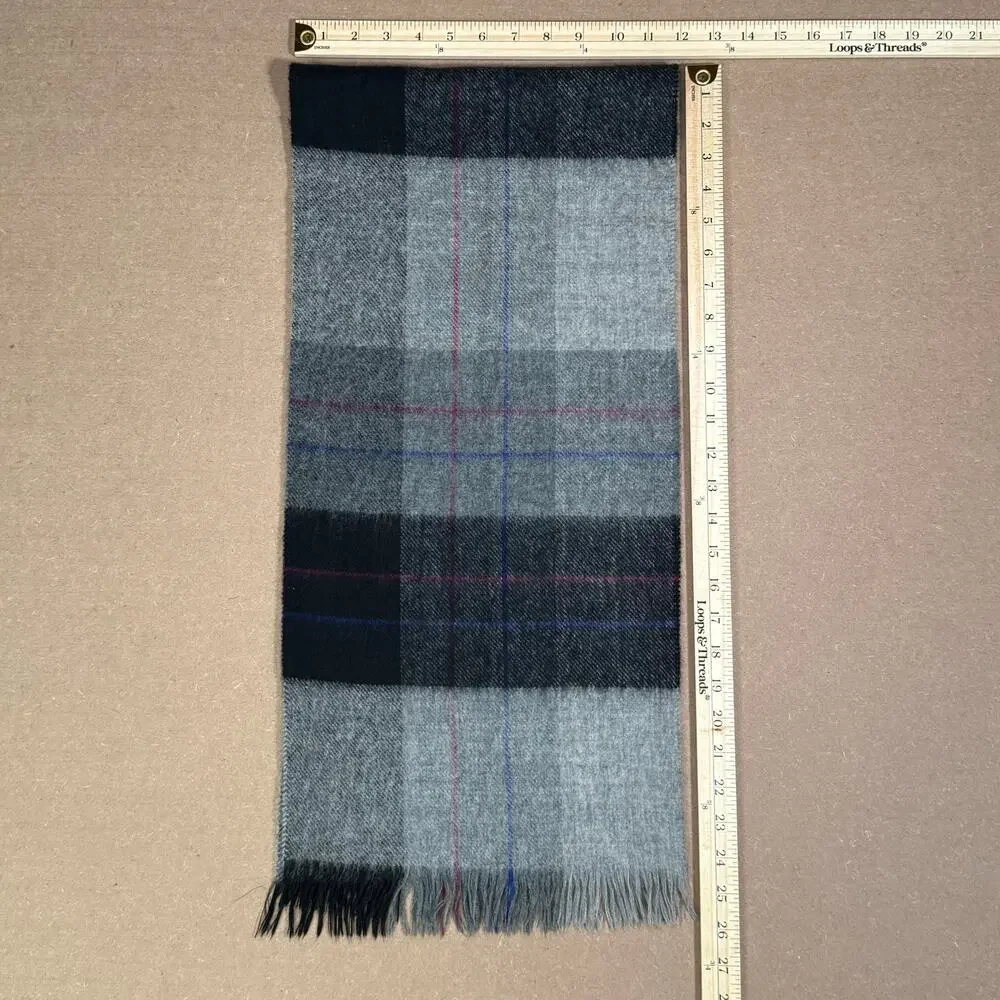 Vintage Scottish Plaid Lambs Wool Scarf Gray Black Made in Scotland Fringe